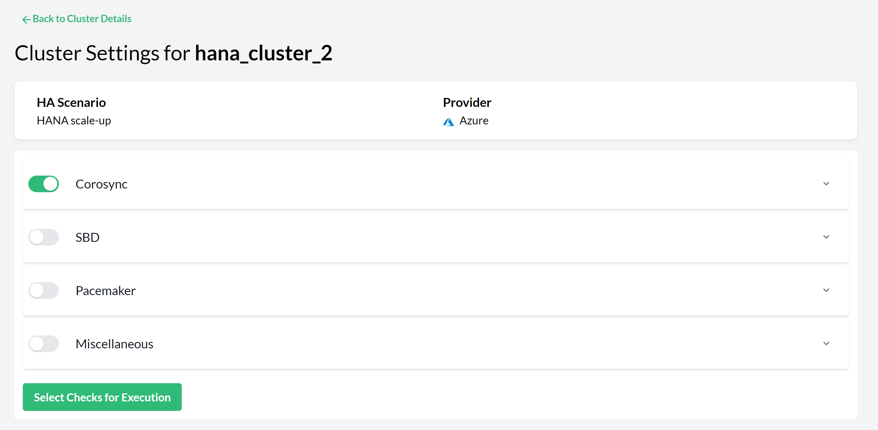 Pacemaker Cluster Settings—Checks Selection