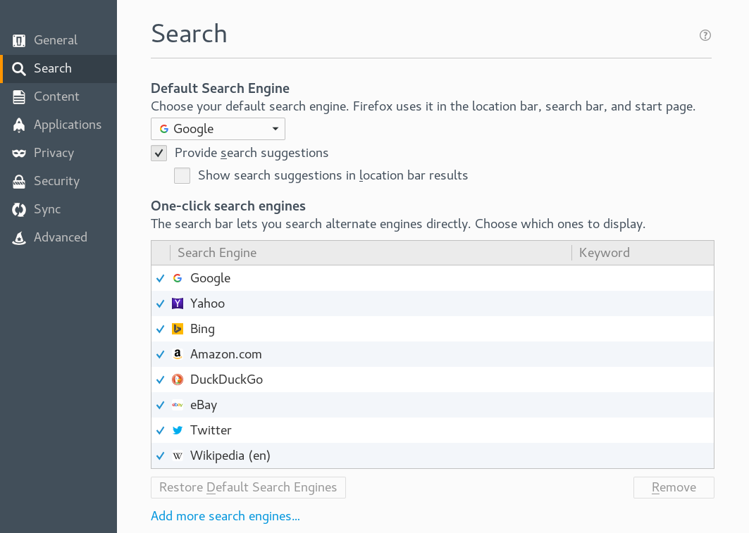 Firefox—Manage Search Engines