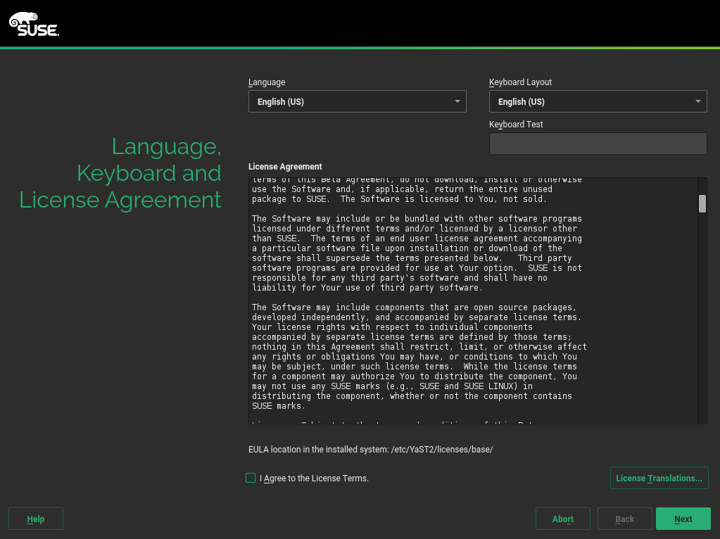 Language, Keyboard and License Agreement