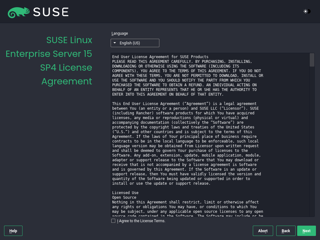 SUSE Linux Enterprise Server License Agreement screen