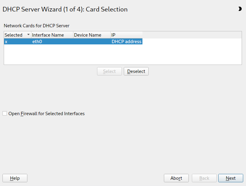 DHCP server: card selection