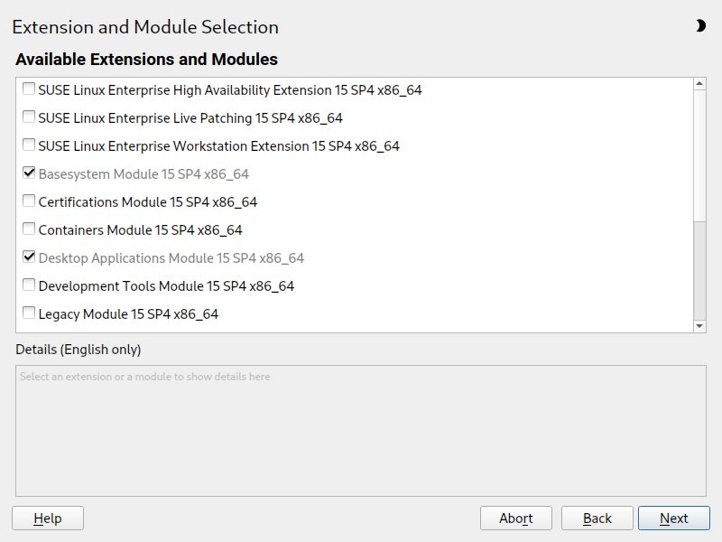 Extension and Module Selection dialog