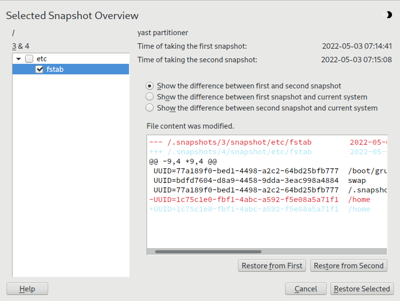 #1: Undoing changes using the YaST Snapper module #1: Undoing changes using the YaST Snapper module