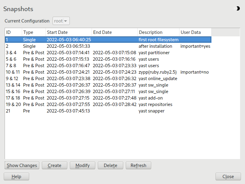 #1: Undoing changes using the YaST Snapper module #1: Undoing changes using the YaST Snapper module