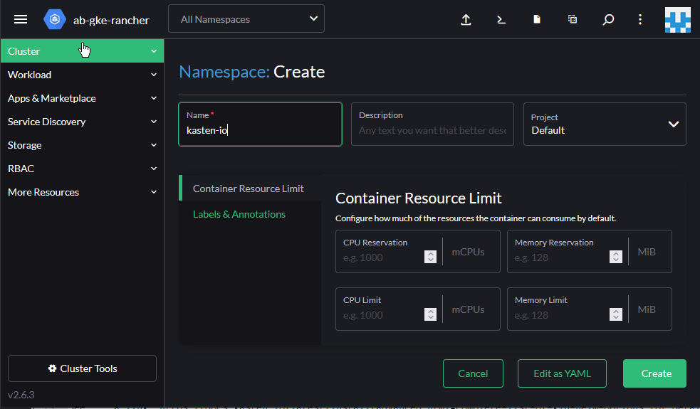 Rancher UI - Create namespace
