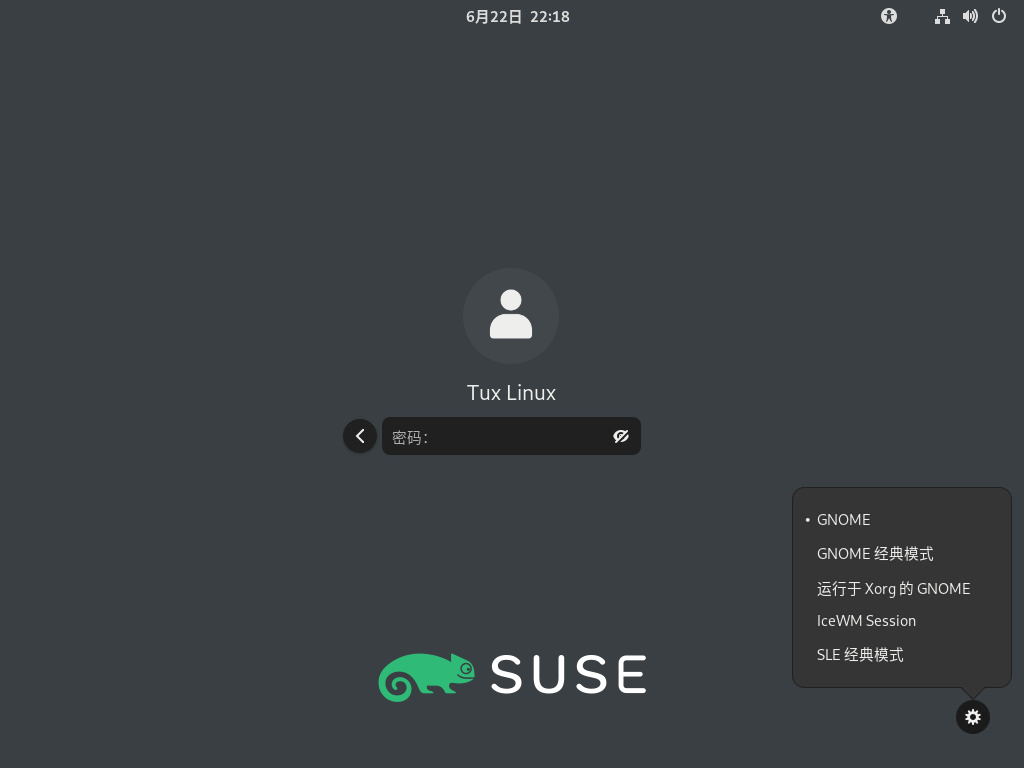 默认 GNOME 登录屏幕 - 会话类型