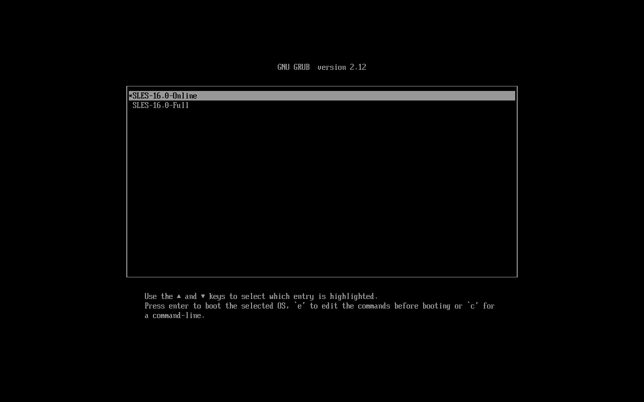 GRUB 引导菜单,其中显示了 PXE 引导过程中的在线和全部安装选项 GRUB 引导菜单,其中显示了 PXE 引导过程中的在线和全部安装选项