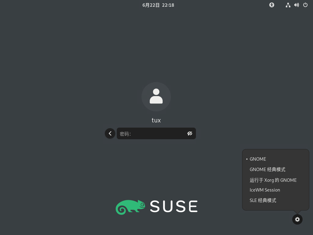 默认 GNOME 登录屏幕 - 会话类型