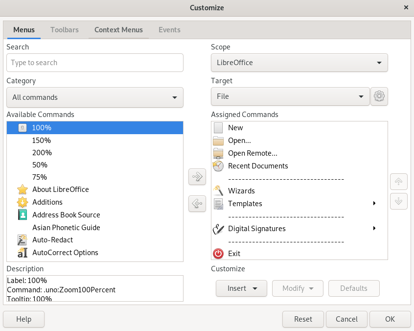 Customization dialog in Writer Customization dialog in Writer