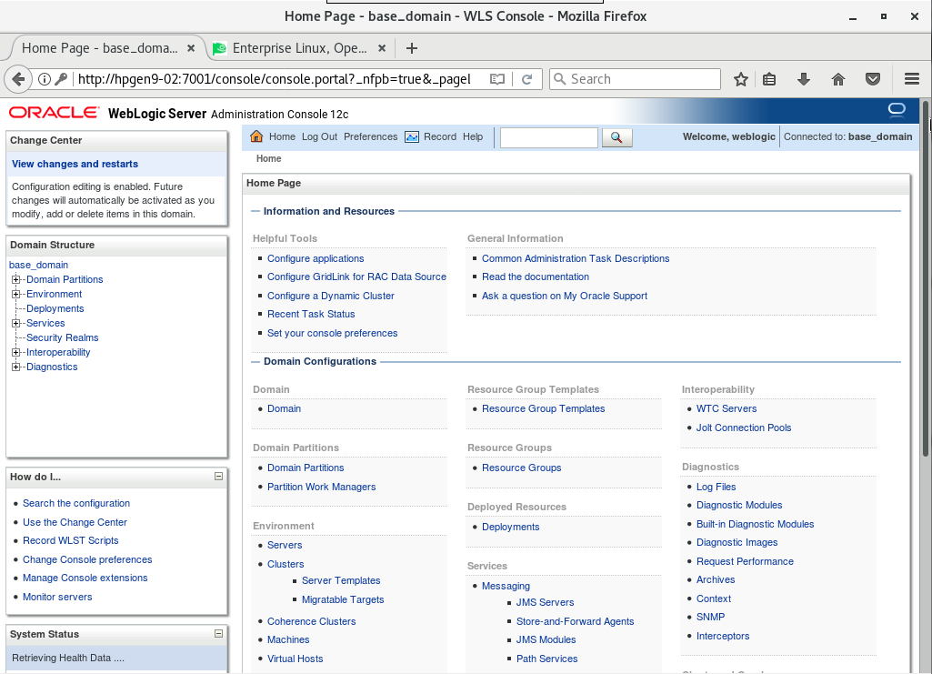 Oracle WebLogic Server Administration Console Home Page