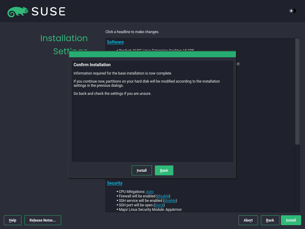 Installation Settings screen with Confirm Installation dialog