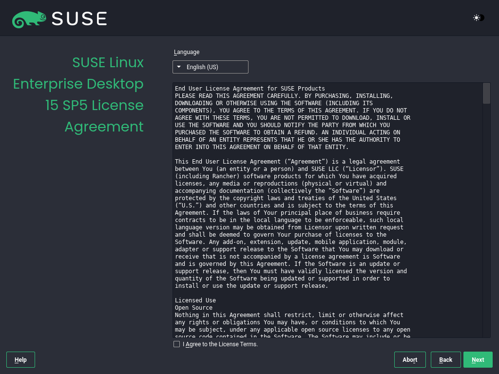 SUSE Linux Enterprise Desktop License Agreement screen