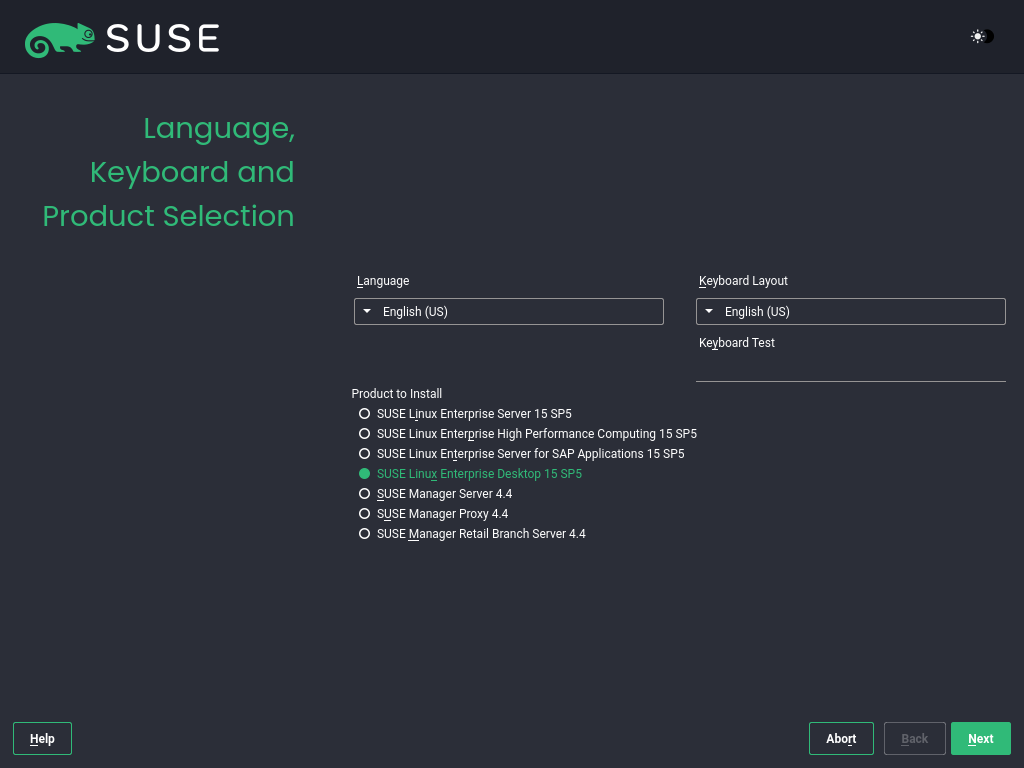 Language, keyboard, and product selection screen