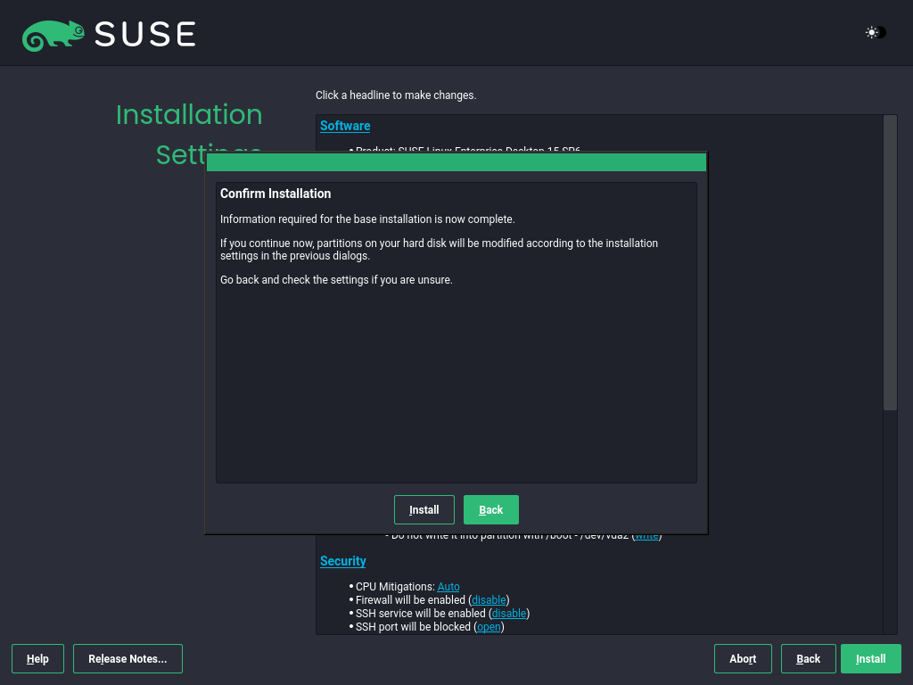 Installation Settings screen with Confirm Installation dialog Installation Settings screen with Confirm Installation dialog