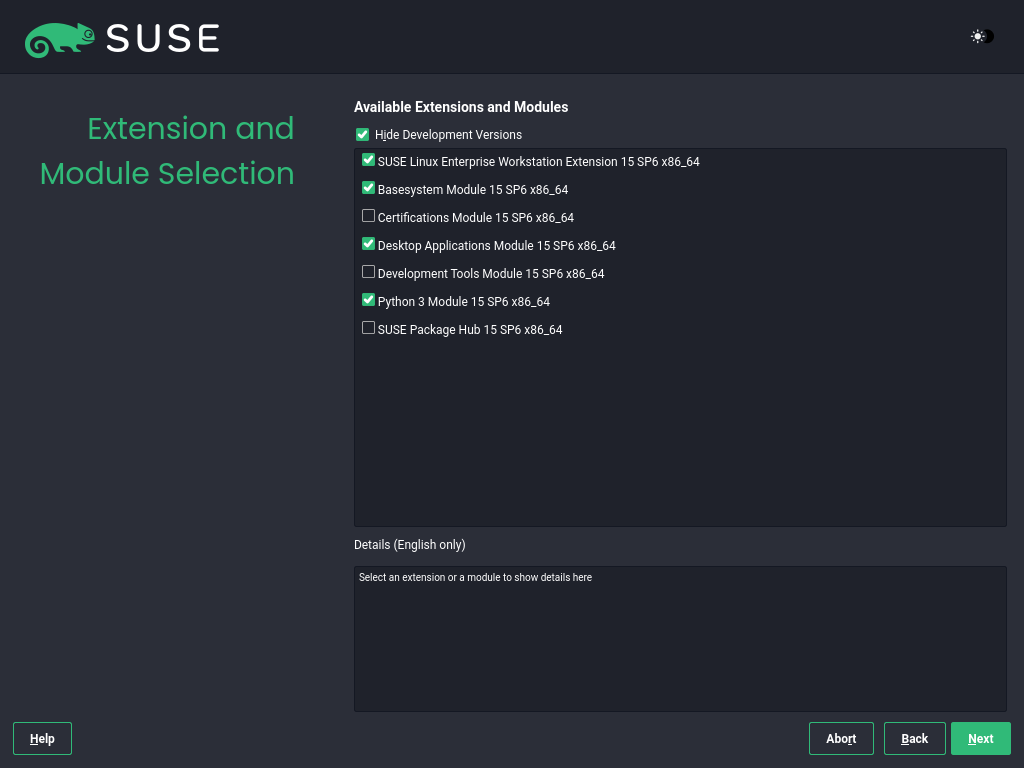 Extension and Module Selection screen Extension and Module Selection screen