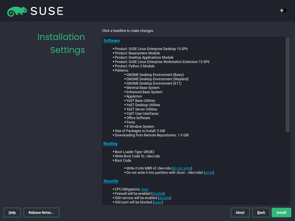 Installation Settings screen Installation Settings screen