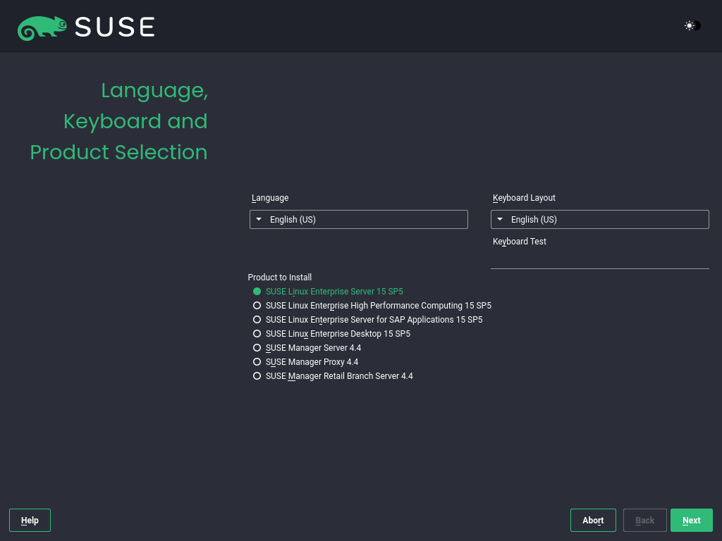 Language, keyboard, and product selection screen