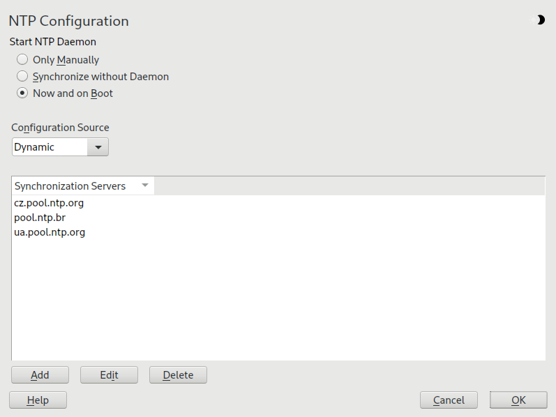 NTP configuration window NTP configuration window