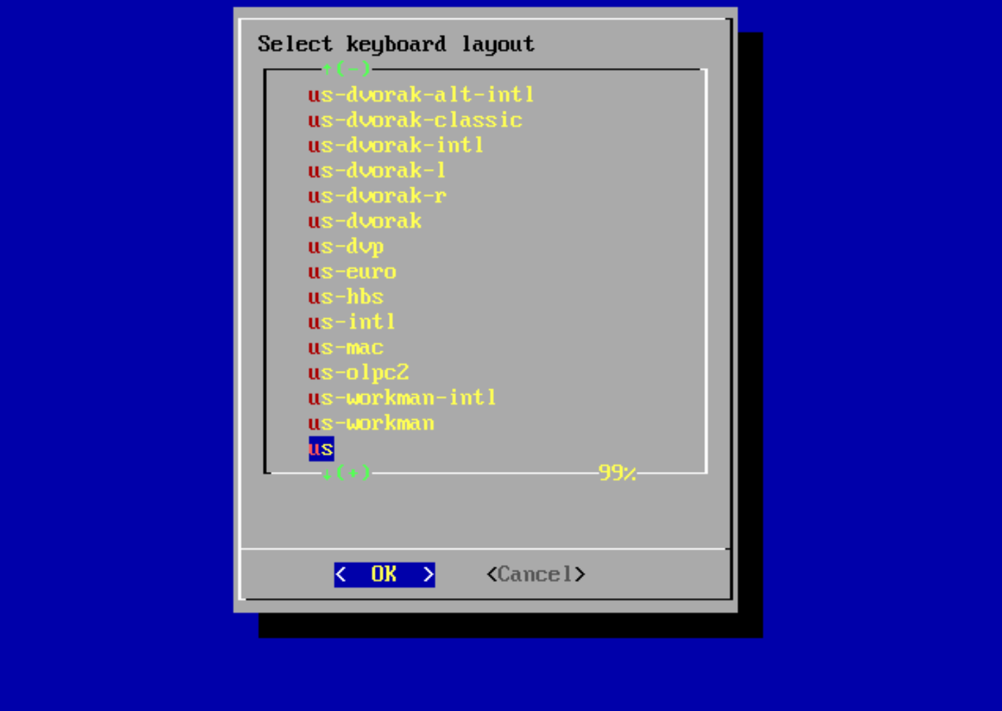 JeOS First Boot Assistant showing keyboard configuration on first boot JeOS First Boot Assistant showing keyboard configuration on first boot