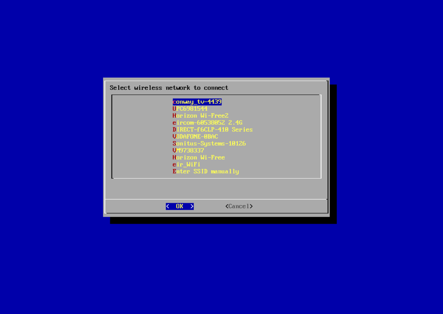 JeOS First Boot Assistant asking you to select a wireless network JeOS First Boot Assistant asking you to select a wireless network