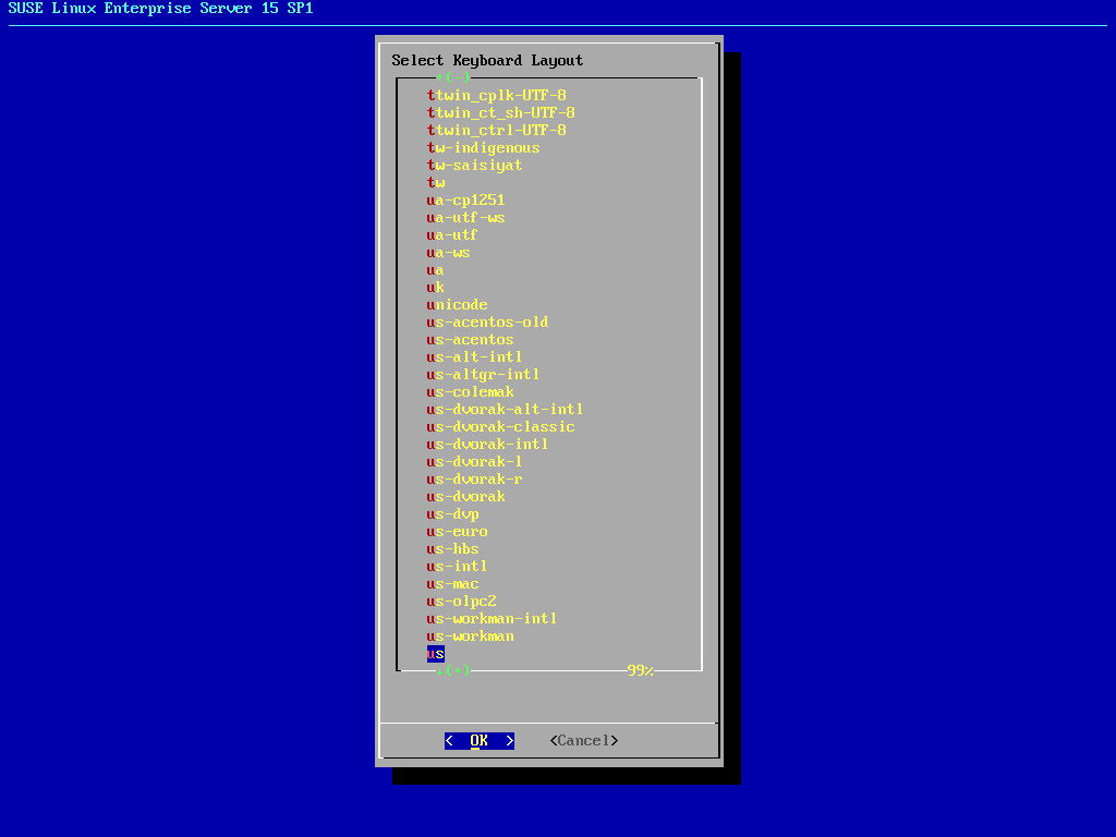 JeOS 首次引导助手正在显示首次引导时的键盘配置